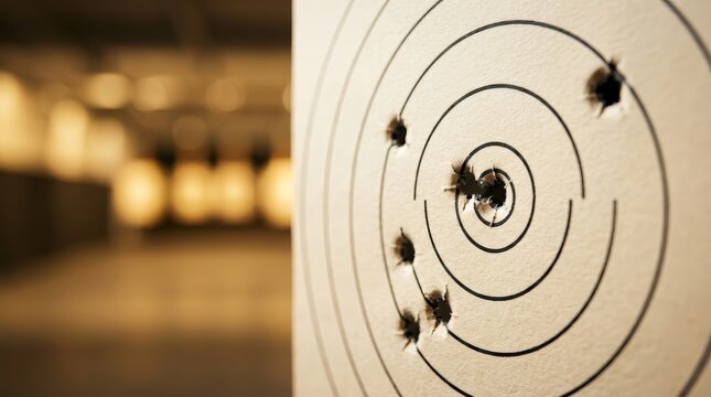 Paper target with bullet holes at an indoor shooting range.