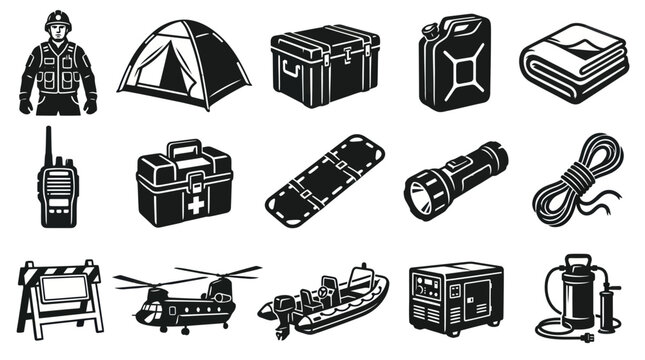 Emergency Rescue Gear Icons: Soldier, Tent, First Aid, Helicopter, Boat, Generator