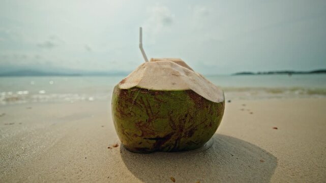 Close up of fresh coconut with a straw on a sandy beach, with gentle ocean waves in the background under cloudy sky motion footage.