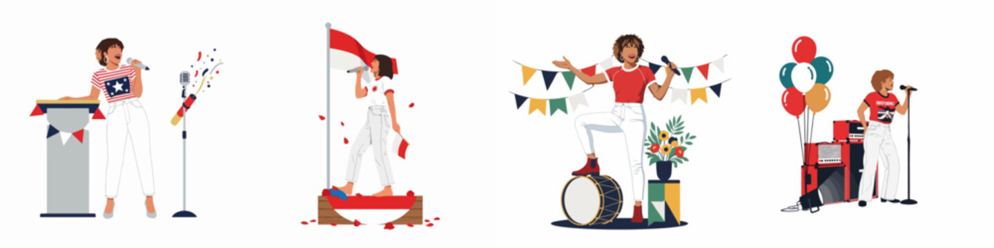 Flat vector illustration set of diverse women singing and performing during independence day celebrations, featuring flags, balloons, and musical equipment on white background.