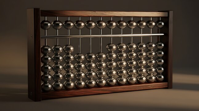 Close-up of a wooden abacus with shiny metal beads, calculating device.