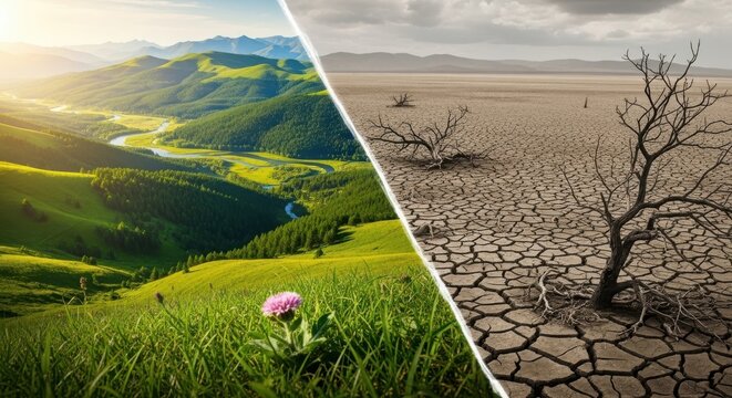 Climate change concept showing contrast between lush green landscape and arid cracked desert earth with dead tree environmental issue before after