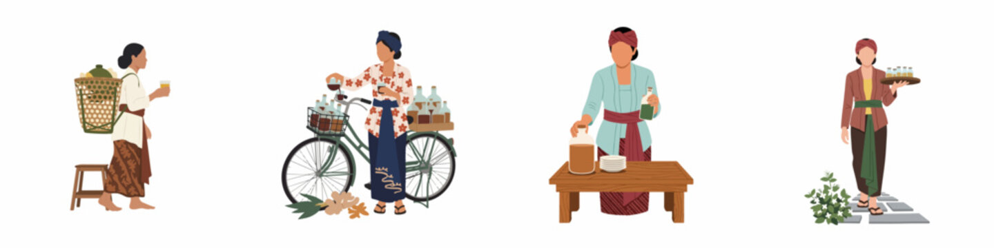 Vector illustration of Indonesian women in traditional clothing selling and preparing Jamu, traditional herbal medicine, in various settings on white background.