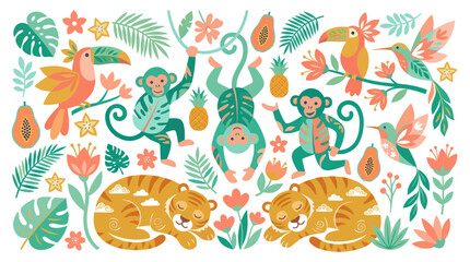 Obraz premium Cute Jungle Animals and Tropical Plants Vector Illustration - Flat Art Style