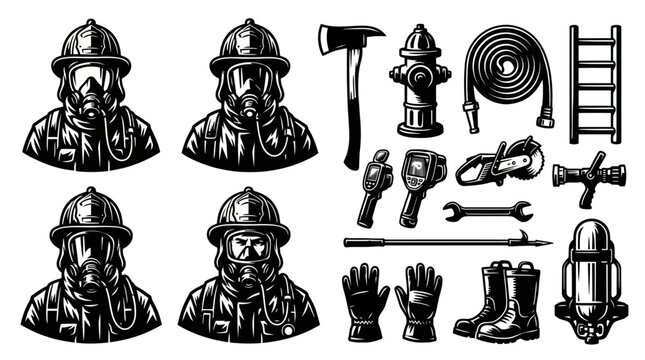 Firefighter Emergency Rescue Equipment and Firemen Portraits Black and White Monochrome Vector Line Art Icon Set