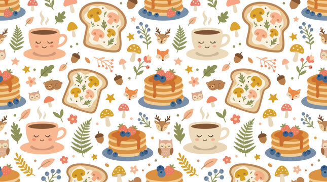 Cute Autumn Pattern with Pancakes, Toast and Coffee Cups