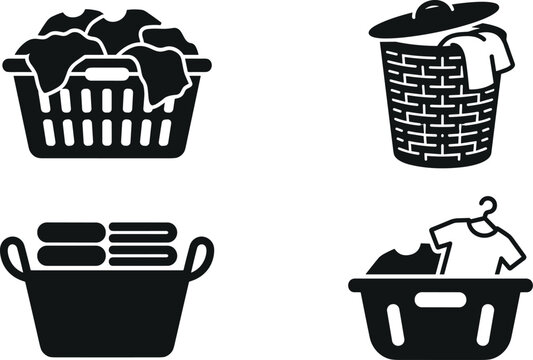 Laundry basket black icon set with dirty clothes folded towels wicker hamper hanger silhouette graphic elements for household chores vector