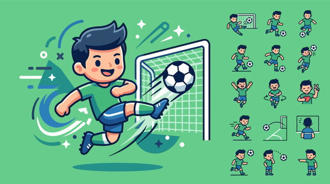 Cute chibi boy soccer player character set featuring various action poses including kicking the ball, scoring a goal, running, and celebrating in a flat vector illustration style.