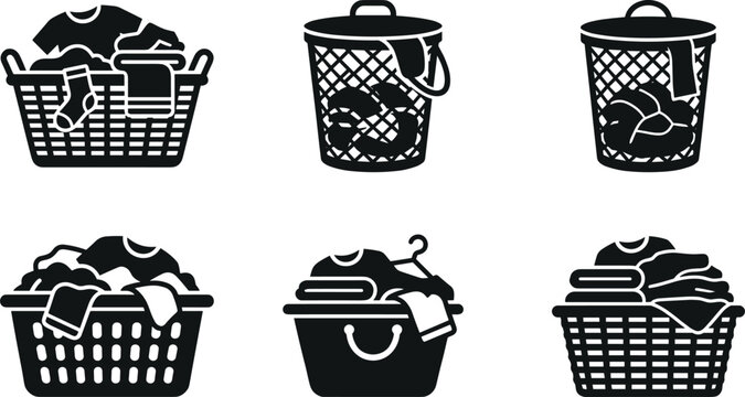 Laundry basket silhouette icon collection featuring dirty clothes hampers bins mesh containers hangers for domestic house chores washing workflow vector