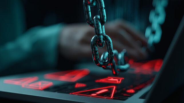 high detail wide angle close up of a digital interface showing an unlinking cracked chain icon floating next to a white email. This symbolizes a critical data security risk. Small red warning 