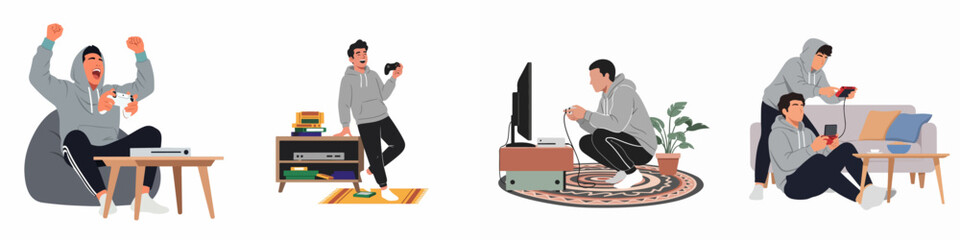 Set of illustrations showing young men enjoying video games at home, playing on consoles and handheld devices with excitement and joy. © Rizki