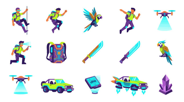 Gaming Adventure Technology Flat Vector Icons Collection for Outdoor Exploration and Future Travel