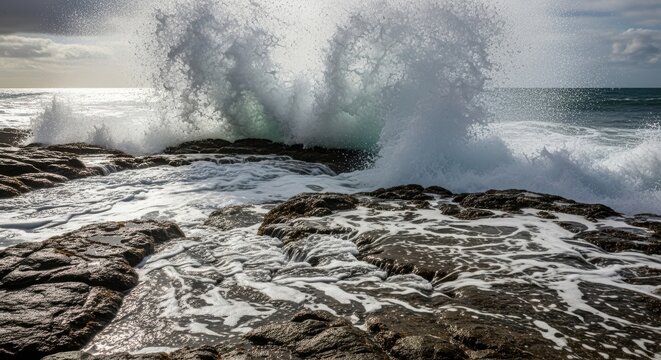 Powerful ocean wave crashing against dark wet rocks during a storm with white foam and spray the environment graphic resources crashing movement