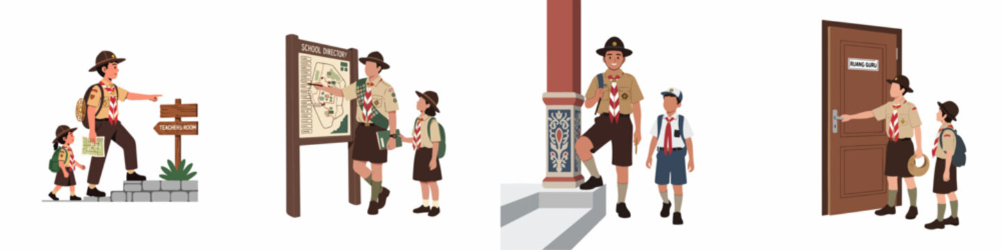 Set of Indonesian scout illustrations showing students in uniform navigating school grounds, checking directories, and entering the teacher's room.
