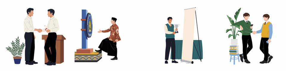 Obraz premium Flat illustration set depicting students and professionals celebrating success, graduation, and achievements through handshakes, trophies, and ceremonies.