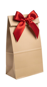 Brown Paper Gift Bag With Red Satin Bow Isolated White Background