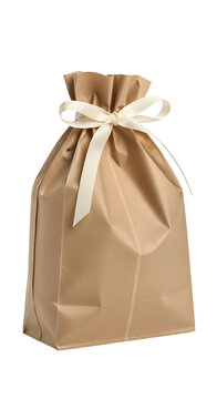 Brown Paper Gift Bag Tied With Cream Ribbon Isolated Transparent