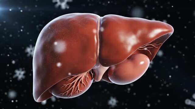 Professional medical visualization of human liver rotating slowly against dark background detailed anatomy realistic biological textures ambient particles smooth cinematic movement scientific educatio