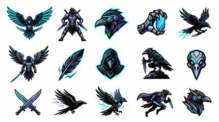 Obraz premium Dark Fantasy Raven Warrior Bird Icons, Game Assets, Vector Art