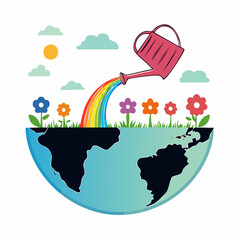 Fototapeta premium Watering Can Pouring Rainbow onto Earth with Flowers