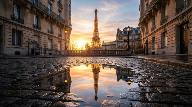 Eiffel Tower Reflection on Paris Street After Rain at Sunrise