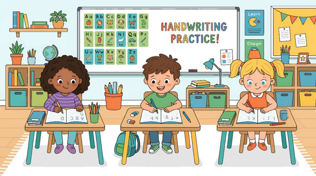Three diverse elementary school children sitting at desks practicing handwriting in a colorful classroom setting.