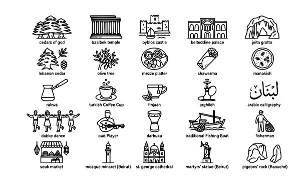 Lebanon cultural heritage outline icon set vector illustration isolated on white