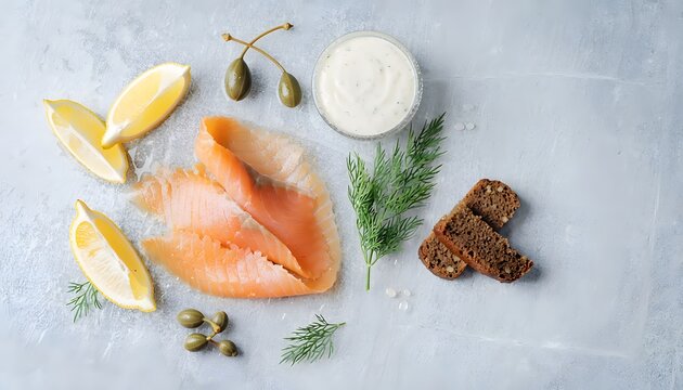 Top view of fresh smoked salmon slices served with lemon wedges caper berries and creamy dill sauce on a light grey stone background