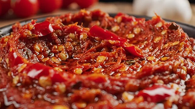 Spicy Red Pepper Paste with Garlic and Tomatoes Closeup.