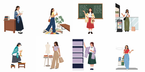Fototapeta premium Set of illustrations featuring young Indonesian women in various daily activities, including school, shopping, and casual leisure, wearing modern and traditional-fusion outfits.