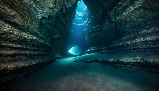Dramatic perspective of a natural underwater cave tunnel with clear blue light filtering through an opening in the dark rock ceiling background