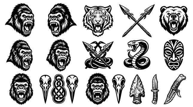 Tribal Warrior Elements Black White Vector Art: Gorilla, Tiger, Bear, Snake, Mask, Weapons