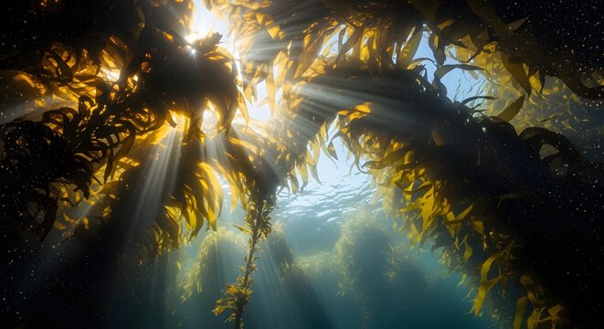 Stunning low angle view of a dense kelp forest canopy with golden brown seaweed dancing in the ocean currents under bright sunlight