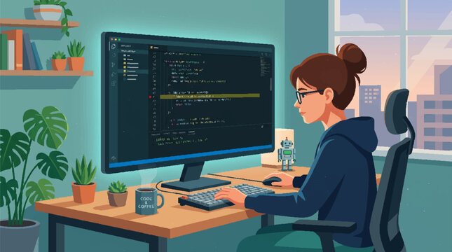 Young female software developer working on code in her home office.