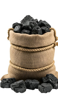 Burlap Sack Full Of Black Coal Rocks Isolated On Transparent Background