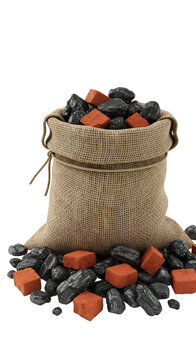 Burlap Sack Full Of Coal And Bricks Isolated On White Background