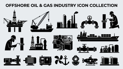 Obraz premium Offshore Oil and Gas Industry Icon Collection. Detailed Glyph Vector Symbols for Energy, Drilling Marine