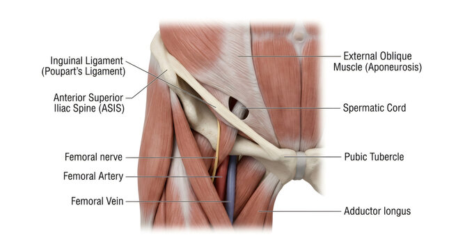 Medical illustration of human inguinal region anatomy with labeled structures