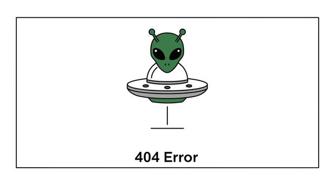 Alien in UFO 404 Error Page Not Found Message - Humorous Sci-Fi Concept