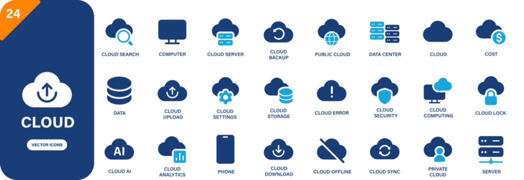 Cloud icon collection featuring cloud computing, online storage, cloud AI, data center, server and technology symbols. Solid vector icons.