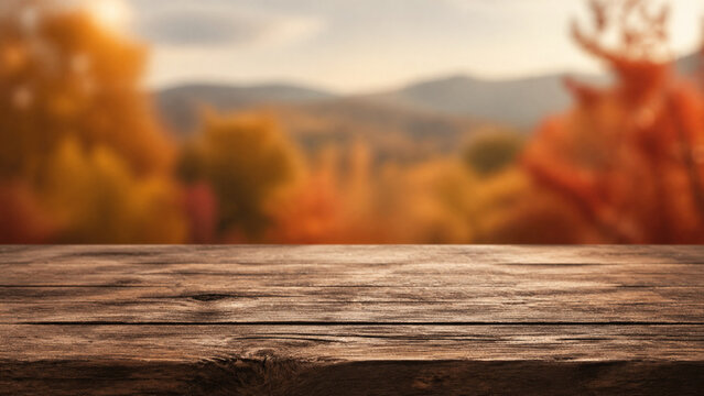 Rustic Aged Wooden Table Surface With Soft Focus Autumn Forest Background Scene