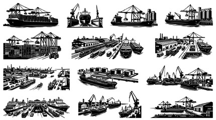 Obraz premium Black and White Illustration of Shipping Port with Cargo Ships and Cranes