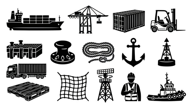 Maritime and Port Logistics Icons: Ship, Crane, Container, Forklift, Anchor, Tugboat
