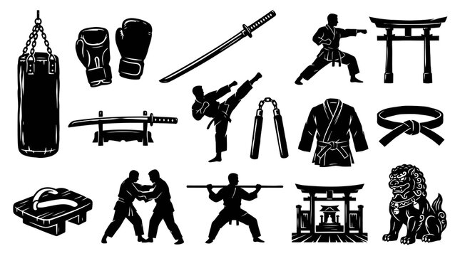 Martial Arts Silhouette Icons: Karate, Boxing, Samurai Sword, Gi, Nunchucks