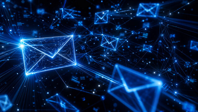 Glowing Blue Digital Envelope Icons Connected in a Futuristic Network Structure