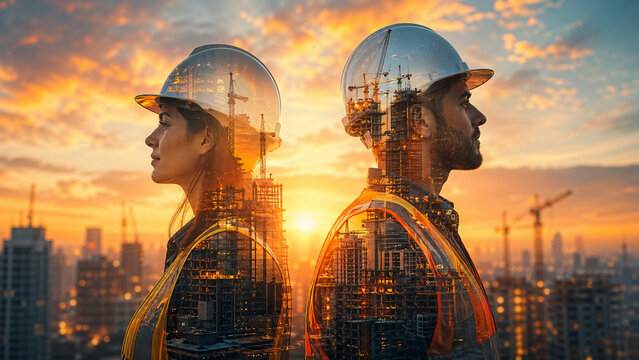 Professional Construction Team Silhouetted Against Dramatic Sunset Cityscape with Double Exposure