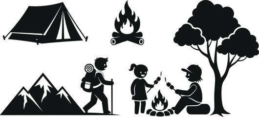 Camping silhouette vector elements set with outdoor tent campfire hiking tourist mountain peaks and kids roasting marshmallows © ISMOTARA