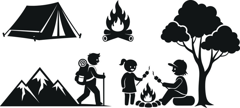 Camping silhouette vector elements set with outdoor tent campfire hiking tourist mountain peaks and kids roasting marshmallows
