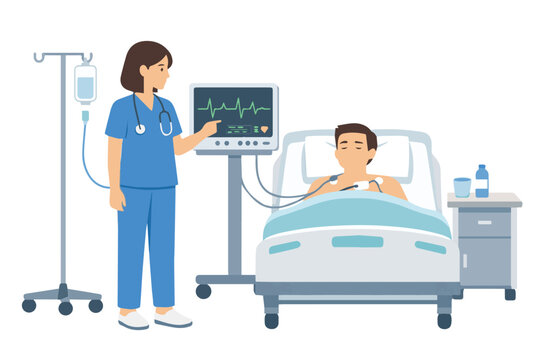 Medical vector illustration showing a nurse treating a patient in a hospital bed with advanced health monitors, symbolizing healthcare, attention, and professional care.