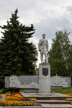 Monument to Semyon Dezhnev, Veliky Ustyug, Vologda Oblast, Russia - August 4, 2020. A sculpture of the Russian explorer on a high pedestal. Tourist attractions in Veliky Ustyug.